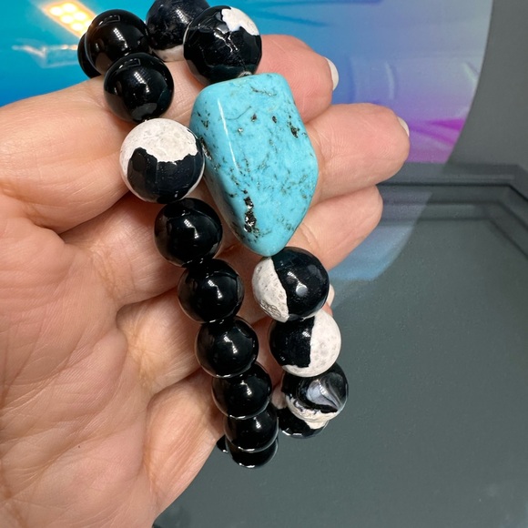 BLACK/WHITE AGATE + ONYX NATURAL BRACELET size 7”set of 2 - Picture 3 of 9